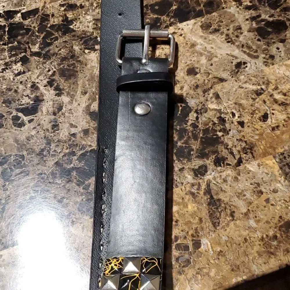 1.5 inch pyramid studded belt - yellow black silver